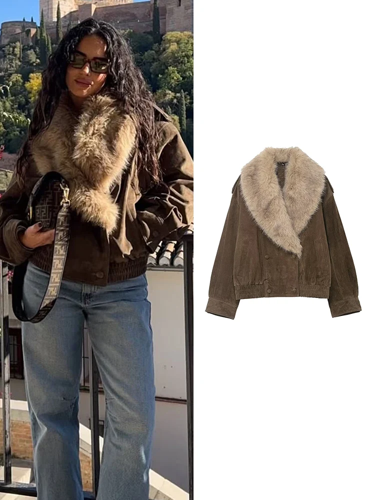

﻿ Elegant Women Suede Loose Jacket Fashion Faux Fur Collar Double Breasted Jacket 2025 Winter High Street Short Streetwear