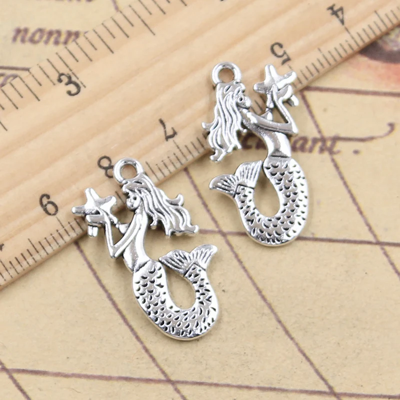 10 sztuk Charms syrenka z gwiazdą 28x17mm tybetańskie srebrne wisiorki antyczna biżuteria wykonanie ręcznie robionego rękodzieła