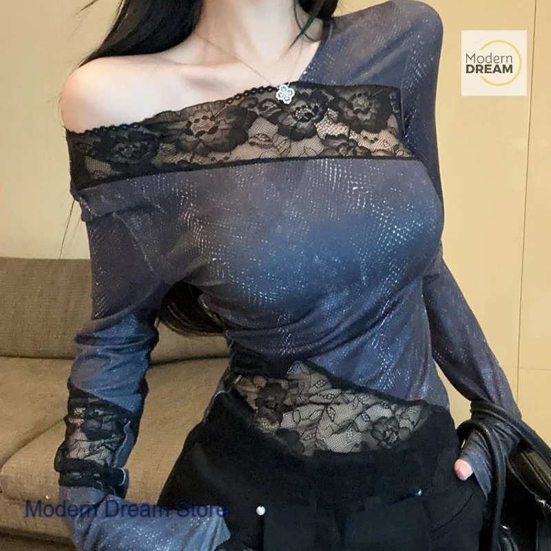 American retro spice girls spell lace long-sleeved T-shirt women's new design in spring and summer is slim and irregular.