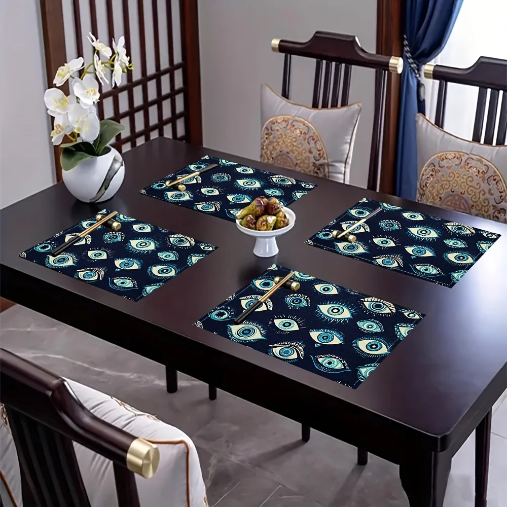 Evil Eye Placemats Set Of 4 Blue Turkish Nazar Amulet Linen Table Mats Boho Home Decor Kitchen Tableware Protection Symbol Gift
