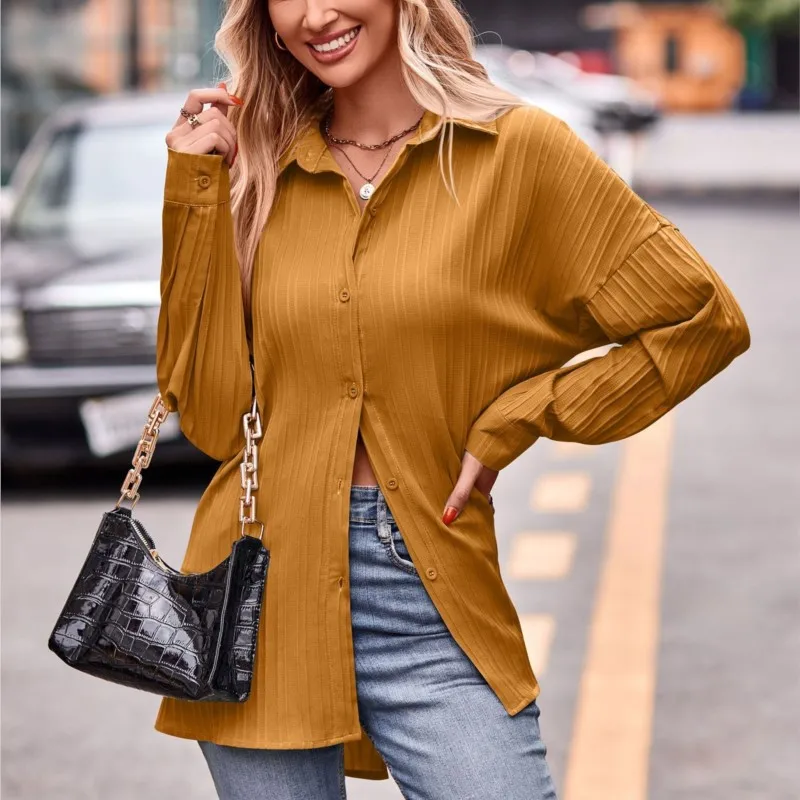 

Blouse Elegant Women's Yellow Collar Button Office Shirt 2024 Autumn/Winter Casual Double Line Jacquard Loose Long Sleeve Blouse