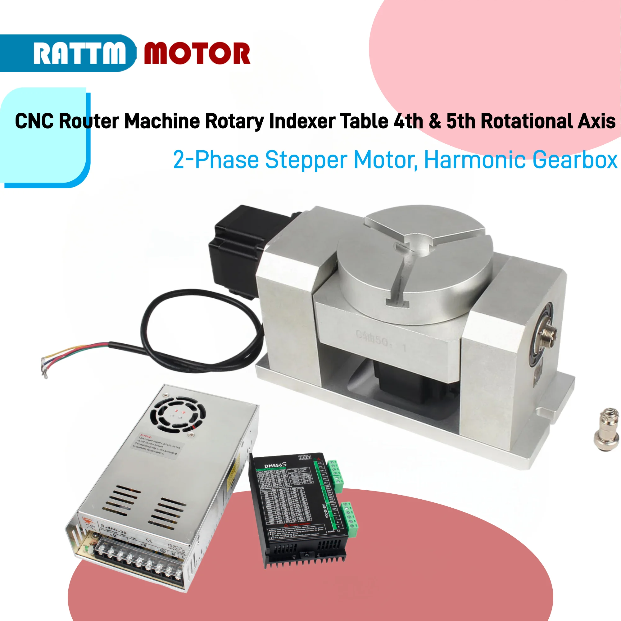 CNC 4th 5th A C Axis Rotary Axis Harmonic Drive Reducer Gearbox Dividing Head Speed Reduction Ratio 50:1 & 2-Phase Stepper Motor
