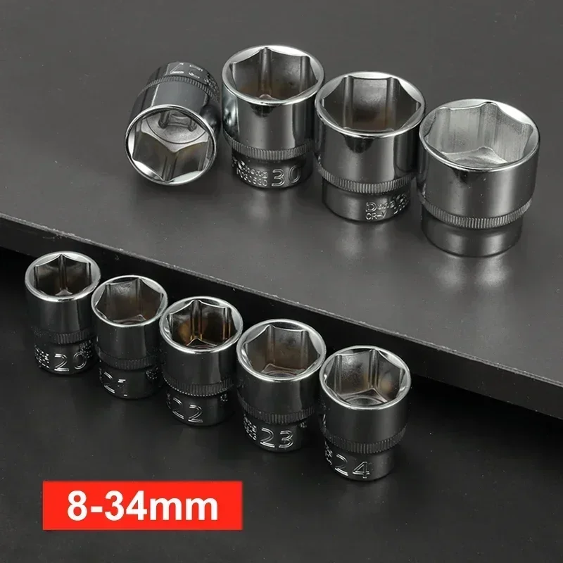 1/2 Drive 6 Point Hex Socket CRV Steel Fully Hardened Mirror Chrome Plated 8-32mm Ratchet Wrench Socket Set Hand Tools