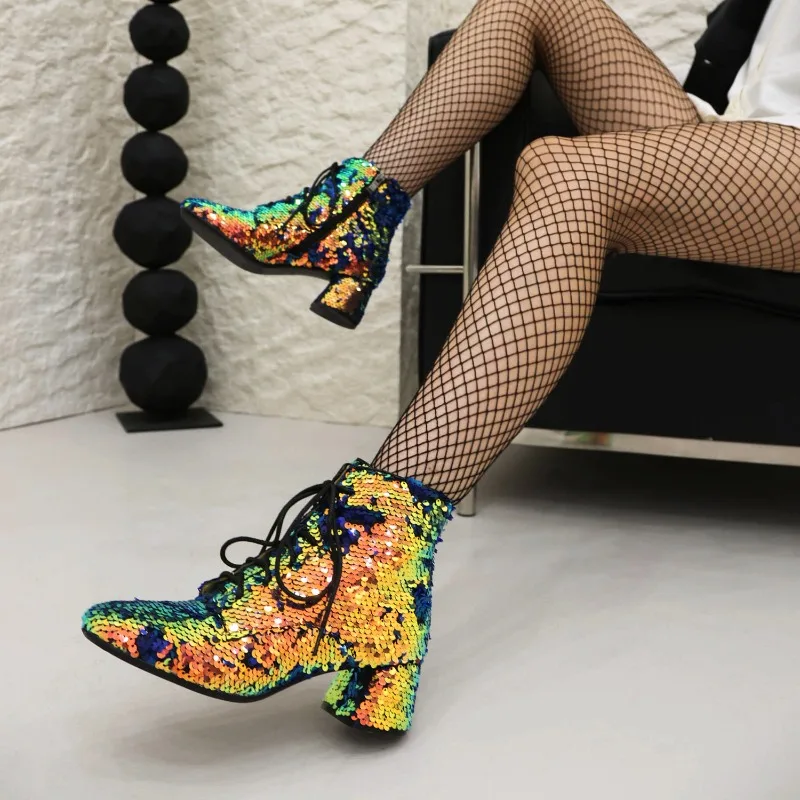 

2023 new autumn winter Women ankle boots plus size 22-29CM sequin cloth upper modern boots side zip thick heel short boots