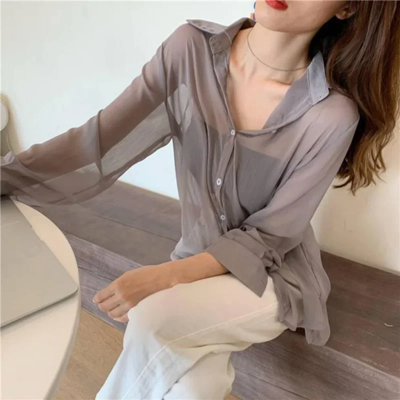 Shirts Women Sheer Solid Simple Sunscreen Ladies All-match Special Charming Sexy Basics Korean Style Popular Modern Leisure New