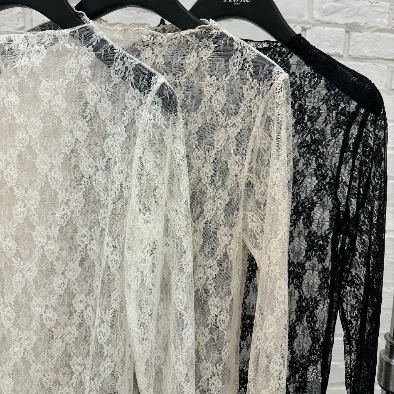 韓国風ローズレースブラウス レディース 2025 長袖 ラウンドネック シースルー 重ね着トップス