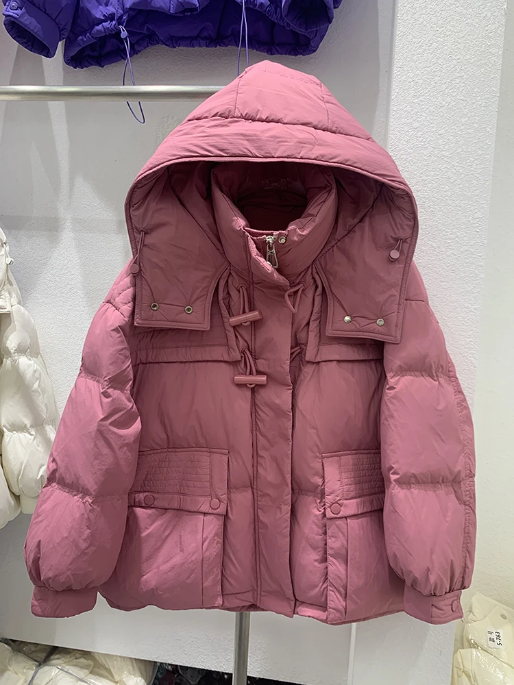 2023 Winter New Down Jacket Female Short Hooded Collar Warm Thick Horn Buckle White Duck Down Lady Puffer Feather Coat Tide