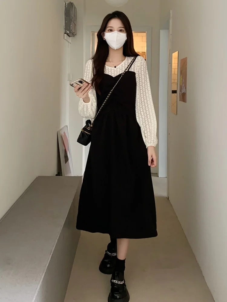 Spring 2025 Lace Splice Long Sleeve Women's Dress Slimming Appear Two-Piece Halter Long Skirt High Waist A-Line Polyester Fiber