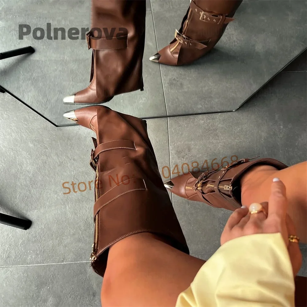 

Belt Buckle Knee High Boots Women Metal Pointed Toe Fashion Front-Zip Thin High Heels Leather Trouser Boots Cool Party Shoes