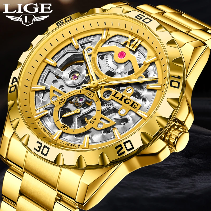 LIGE Fashion Sport Men Mechanical Watch Stainless Steel Waterproof Hollow Skeleton Automatic Watches For Men Relogios Masculino