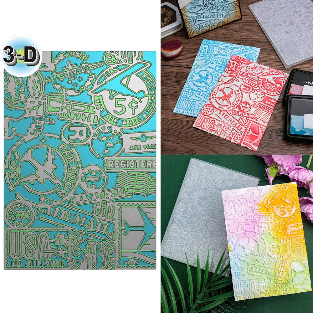 

Airplanes, Stamps, 'USA' and Other Motifs 3D Embossing Folder Texture Pattern Background DIY Scrapbook Decorative Card Crafts