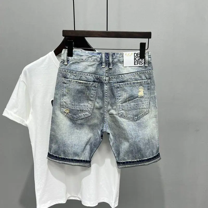 New Arrival 2023 Summer Washed Men\'s Casual Denim Shorts Stylish Cat WhiskerCowboy Ripped Distressed Patched Skinny Short Jeans