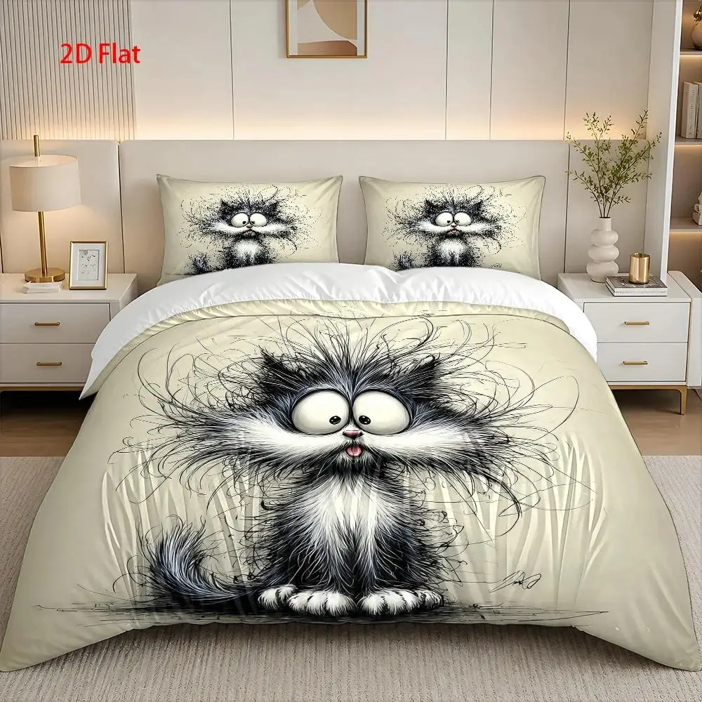 2D ultra-soft digital print duvet cover set, includes three-piece set with pillowcase and duvet cover, black and white fluffy kitten design, does not include filling, the fabric is soft and comfortable, suitable for bedrooms, hotels, famous hotels, and school dormitories. 1*duvet cover + 1/2 pillowcase