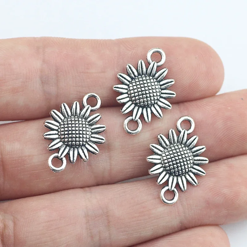 

Newest 20 Pieces 15*22mm Antique Silver Color Sunflower Charm Connector Necklace Pendant Accessory Charms For DIY Jewelry Making