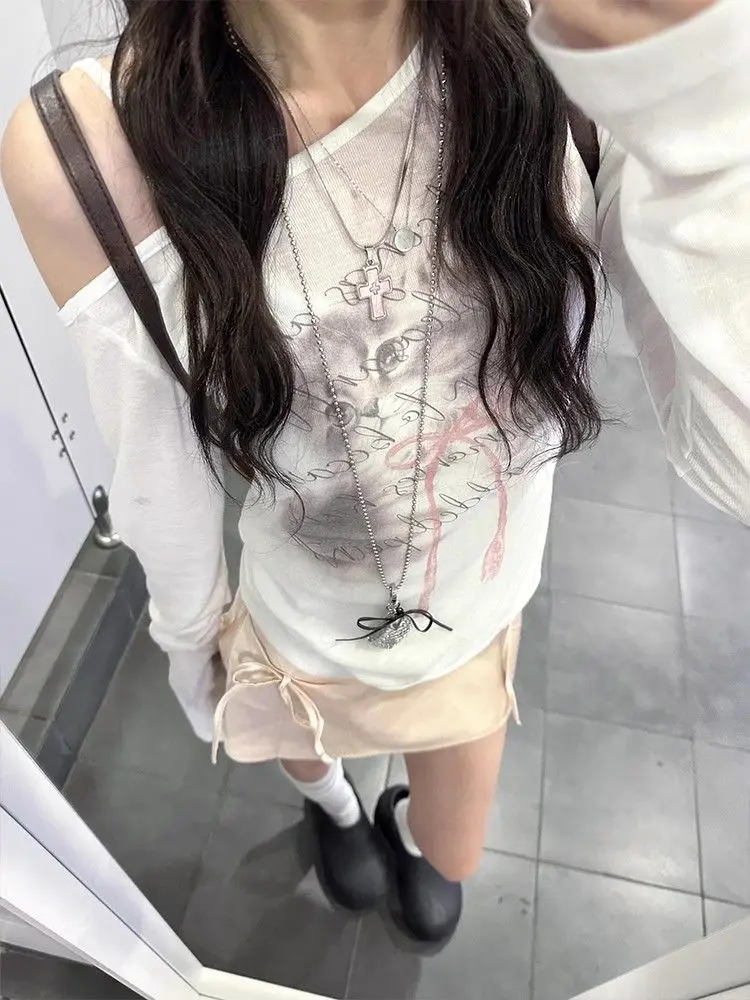 한국 스타일 프린트 마이크로 시스루 원숄더 자외선 차단 커버업 티셔츠 여성 여름 신상 순수한 매력 자외선 차단 어깨 탑