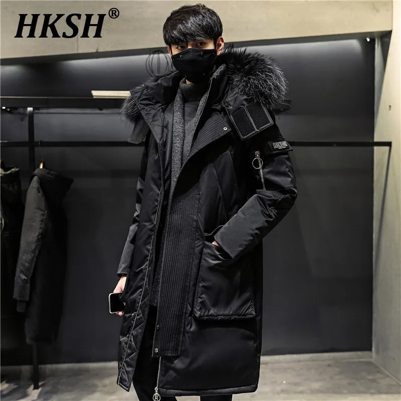 HKSH Winter Autumn New Jacket Men\'s Tide Long Thicken Warm Big Fur Collar Trend Loose White Duck Down Hooded Cotton Coat HK0112