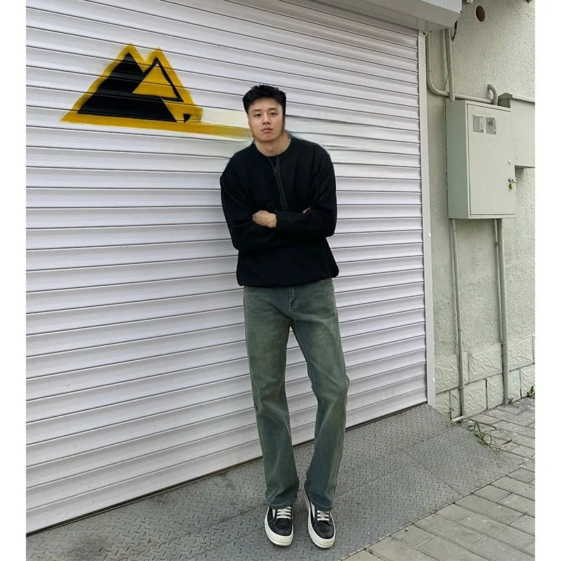 

Мужские джинсы прямого кроя в американском ретро-стиле, синие, весенне-осенние, модные, брендовые, зауженные, молодежные, популярные, с высокой талией