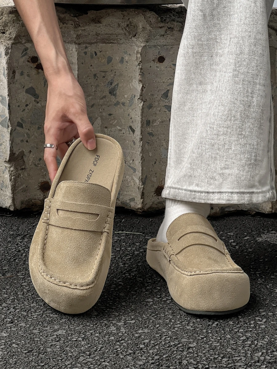 2026 New Summer Retro Thick Bottom Casual  Men's Slip-On Toe Covering Half Slippers No Heel Mules Breathable