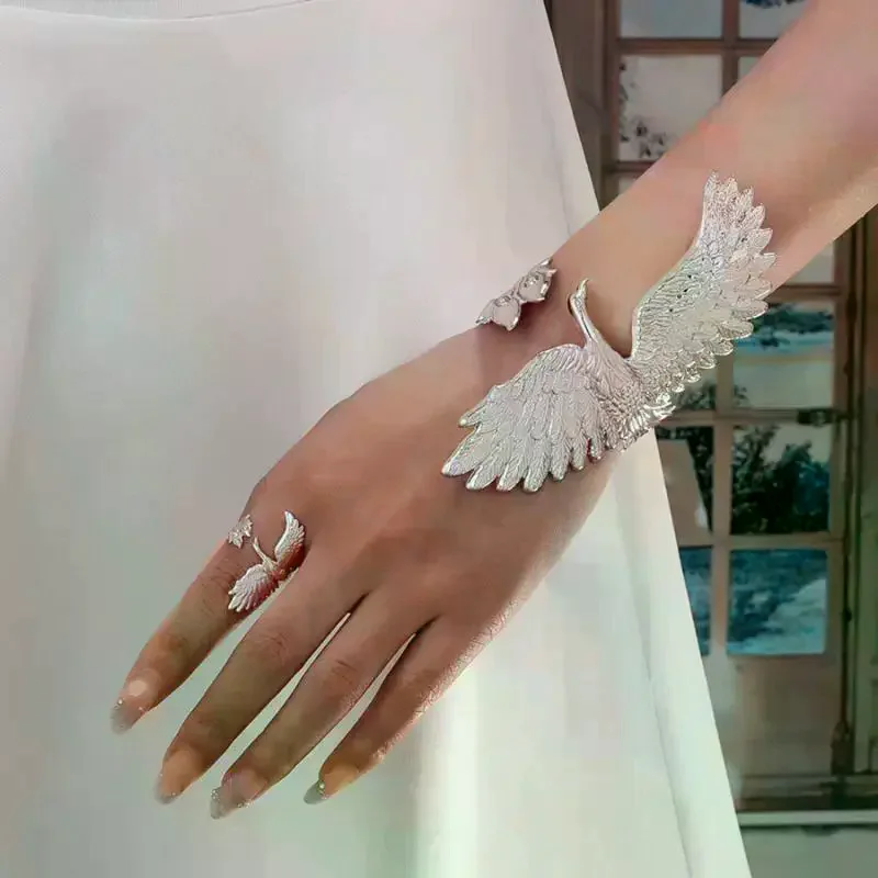 2Pcs Adjustable Carved Gold Phoenix Cuff Bracelet Ring Set Exquisite Jewelry Gift for Sister Friend Graduation Ceremony