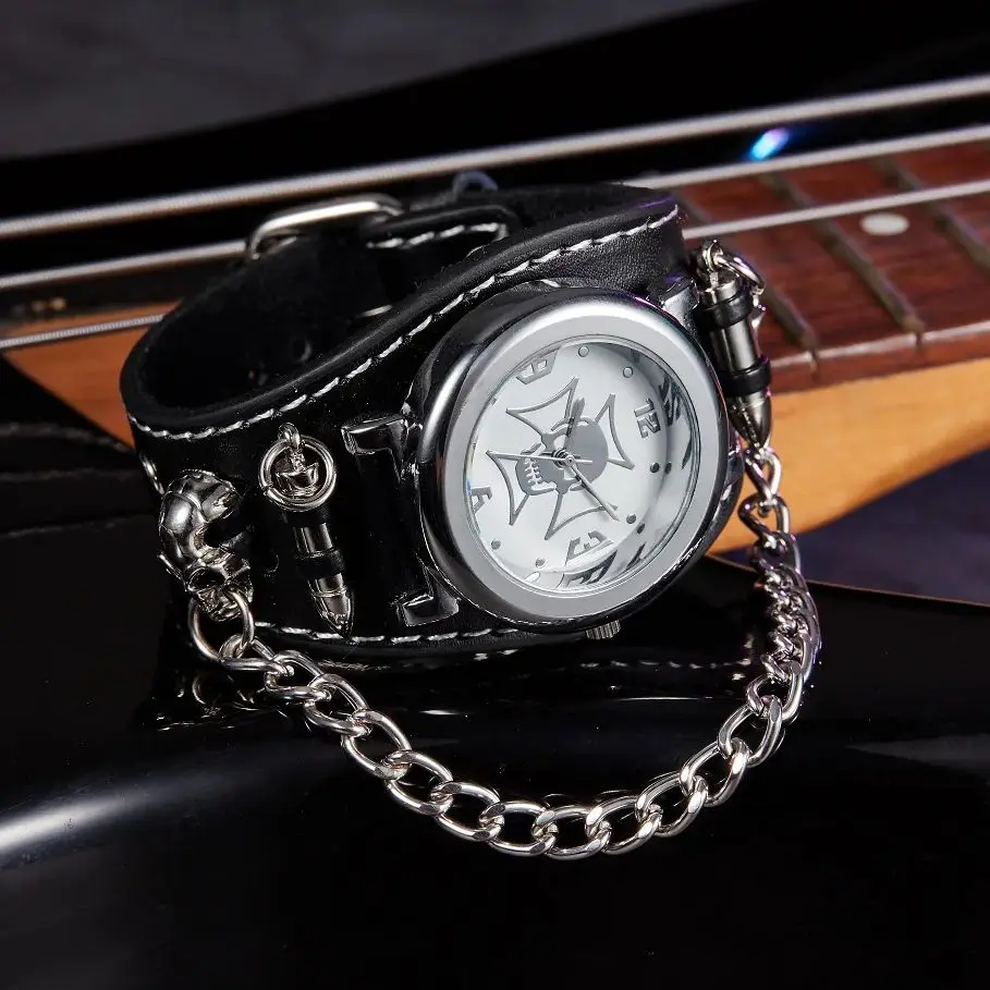 Hot New Men Punk Skull Black Leather Bracelet Wrist Watches Watch Hours for Men Relogio Masculino