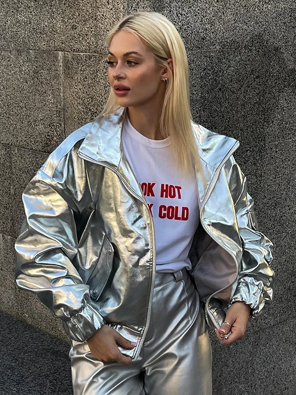 

Sexy Metal Color PU Leather Jaet Stand up Collar Women's ort Outerwear Faionable And Sli Long Sve Coat