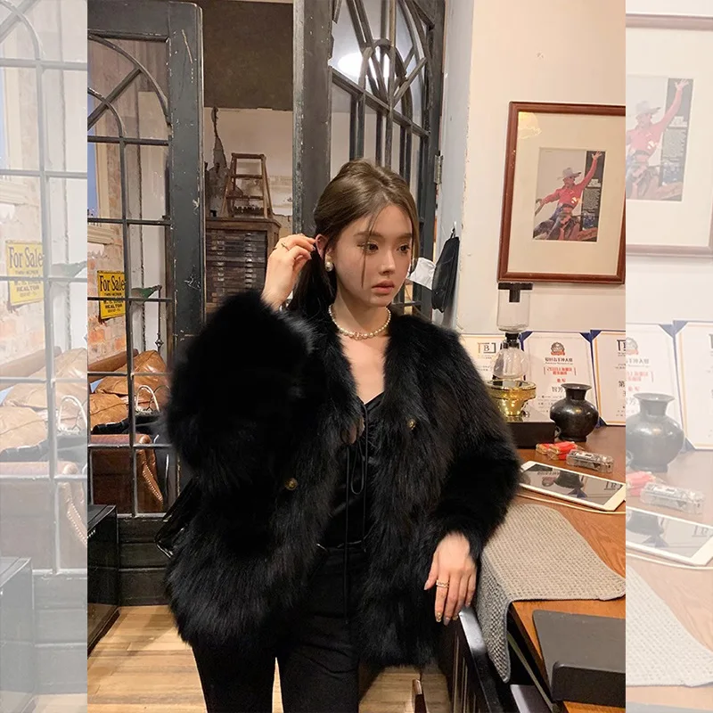 معاطف الفرو الصناعي سترات نسائية من الفرو الصلبة الخامس الرقبة المفتوحة غرزة طويلة الأكمام سميكة الدافئة الفراء فضفاضة مكتب سيدة عادية 2025 الخريف الشتاء #4