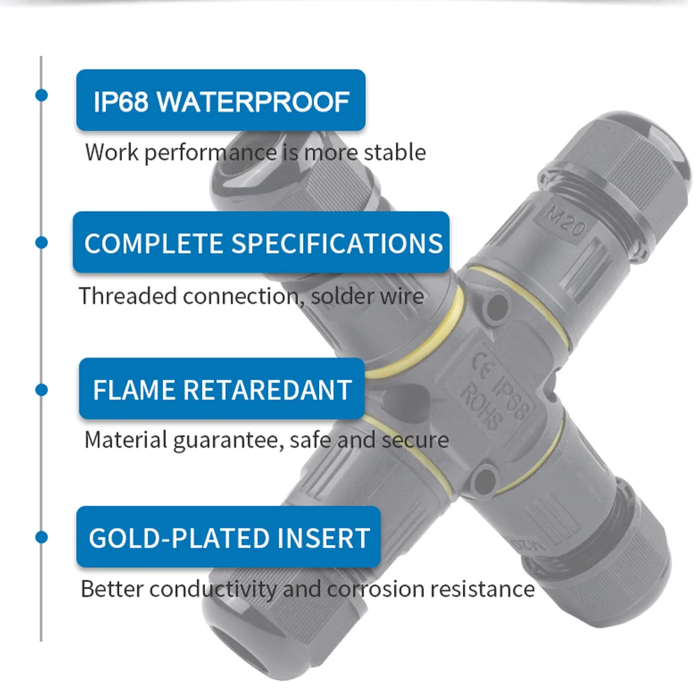 IP68 M20 Cross-Type Outdoor Waterproof Wire Connector Junction Box 2/3 Pin Threaded Terminal Cable Rain Proof Connectors DIY GO