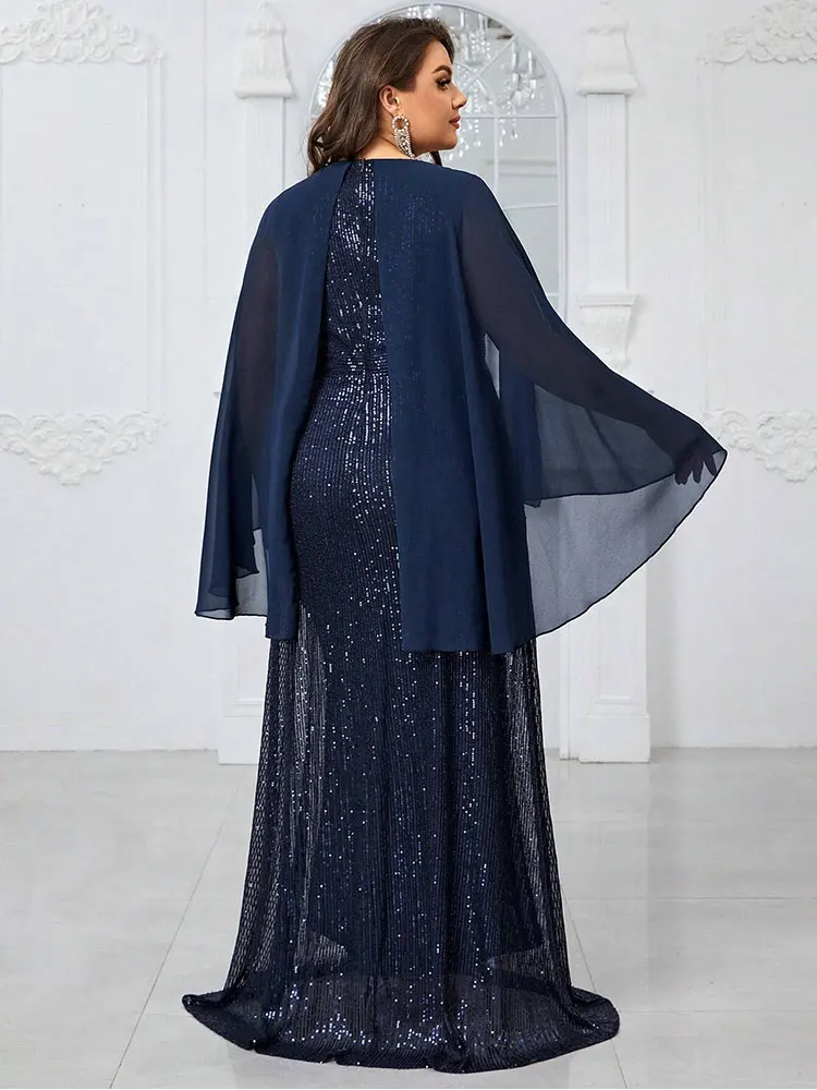 Plus Size V-Neck Sapphire Blue Dinner Party Dress 4xl5xl Big Size Chiffon Shawl Floor-Length Shiny Luxury Evening Dress Women