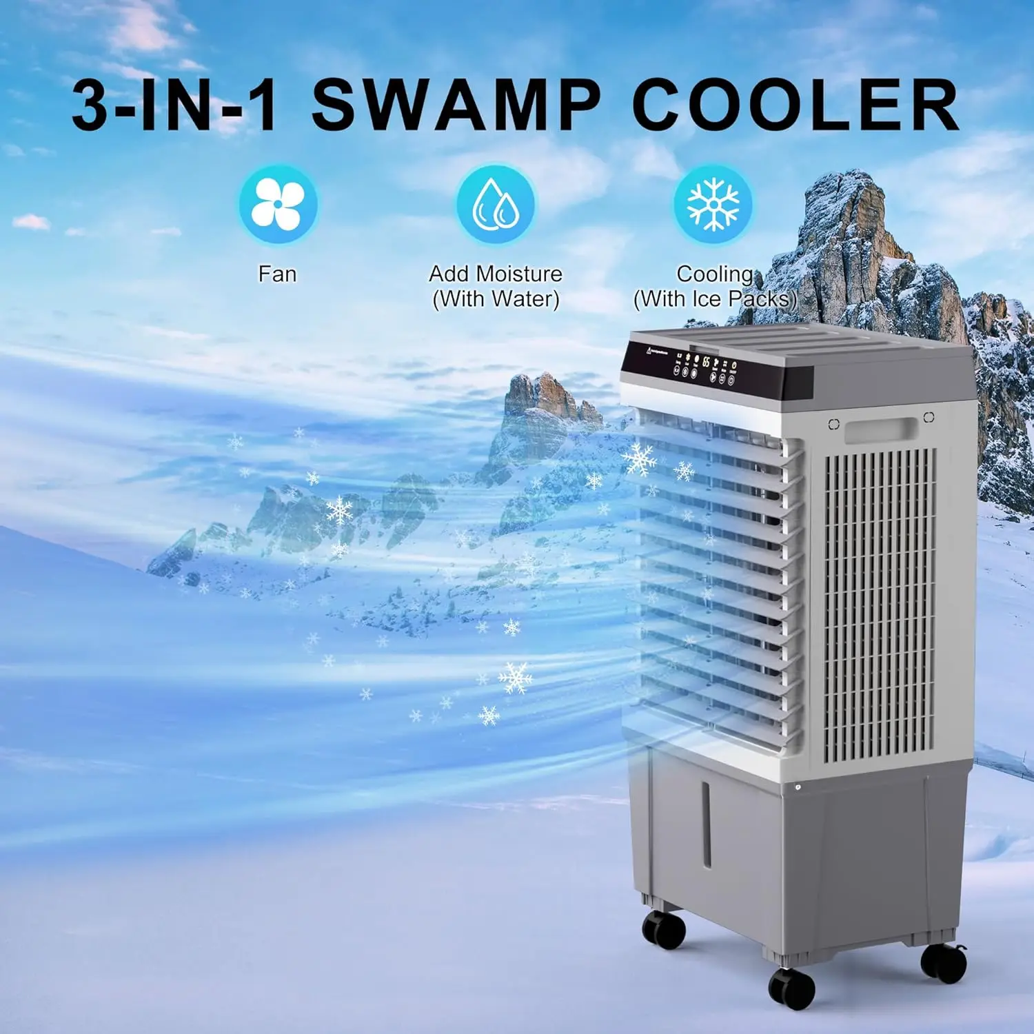 مبرد مستنقع، مبرد هواء تبخيري 3 في 1 مع محرك نحاسي جديد مطور 2025، خزان مياه 5.3 جالون، 4 عبوات ثلج، مؤقت 12 ساعة