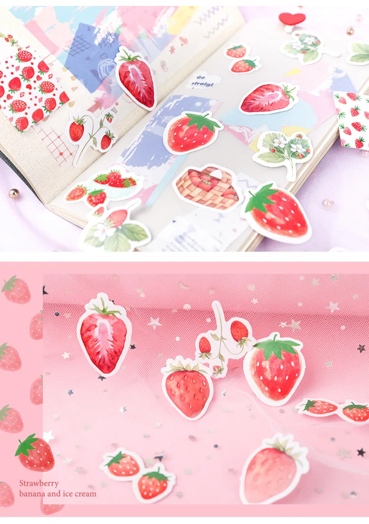 45pcs/box Cute Strawberry Stickers Leisurely Fresh Fruit Diary DIY Decorative Sealing Paper Stickers