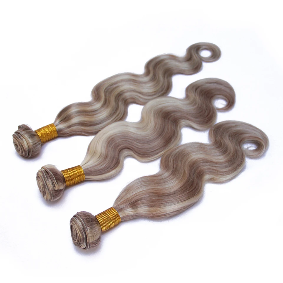 Remy Body Wave Ombre Ash Blonde Weave Cabelo Humano com Destaques, Cor do Piano, P8, 613 Destacado Pacotes de Cabelo, Sem Fecho