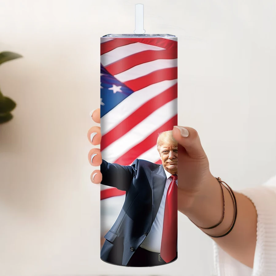 20oz Stainless Steel Straight Tumbler With Straw Lid 3D Print Trump Fight For USA Flag Seamless Inflated Outdoor Travel Tumblers