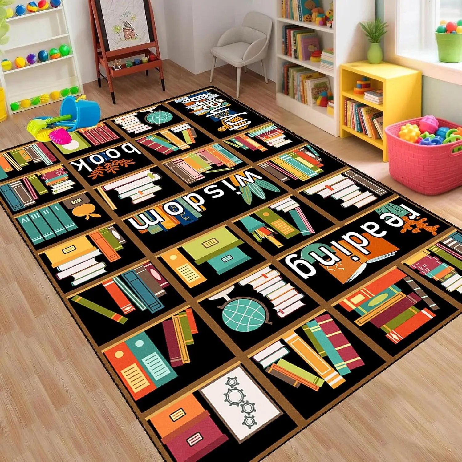 Library Bookshelf Reading Nook Rugs 5x7ft Shed Resistant Classroom Non Slip Carpet Anti Fray Black Edges Kids Educational Readin