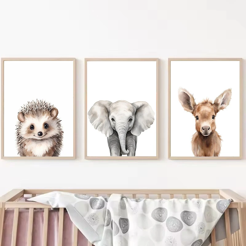 Watercolour Woodland Forest Baby Animals Little Bear Rabbit Raccoon Poster Canvas Painting Wall Pictures Home Nursery Decor