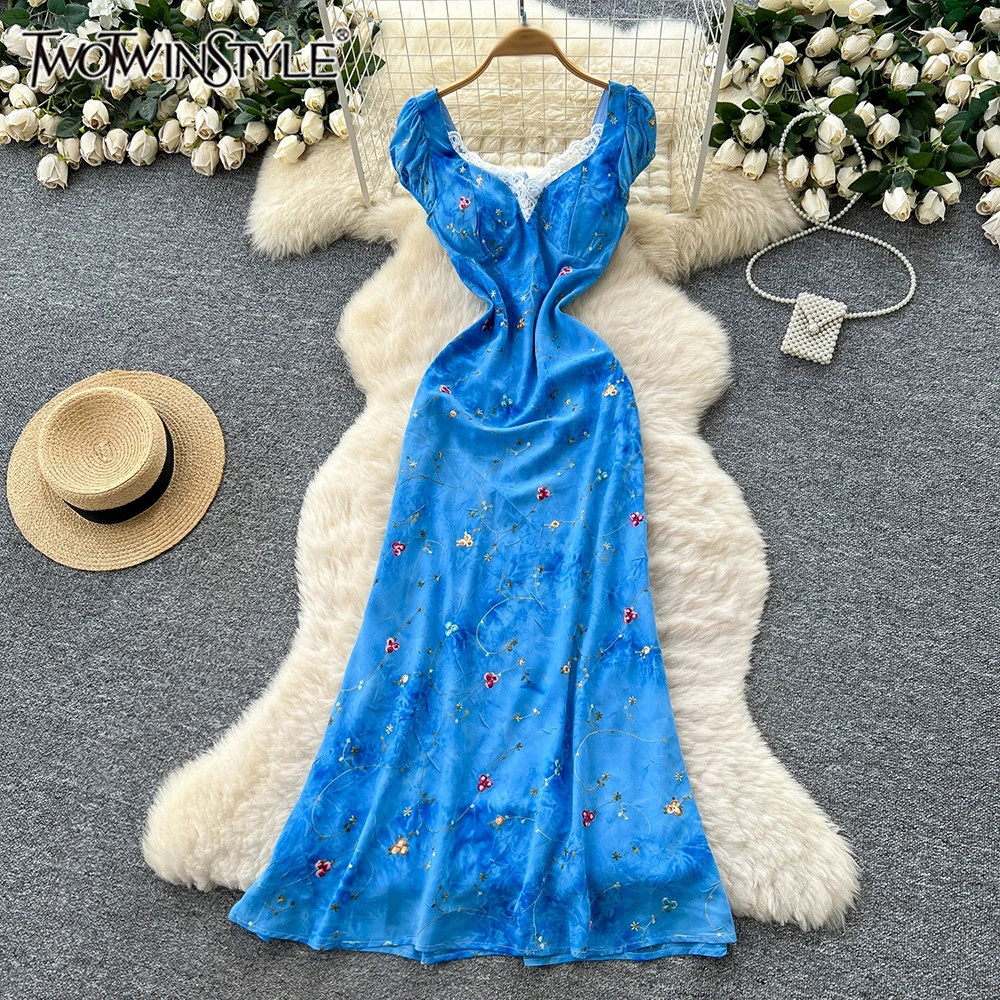 

TWOTWINSTYLE Designer Printing Long Dresses For Women Square Collar Short Sleeve High Waist Draped Chic Dress Female KDR543945
