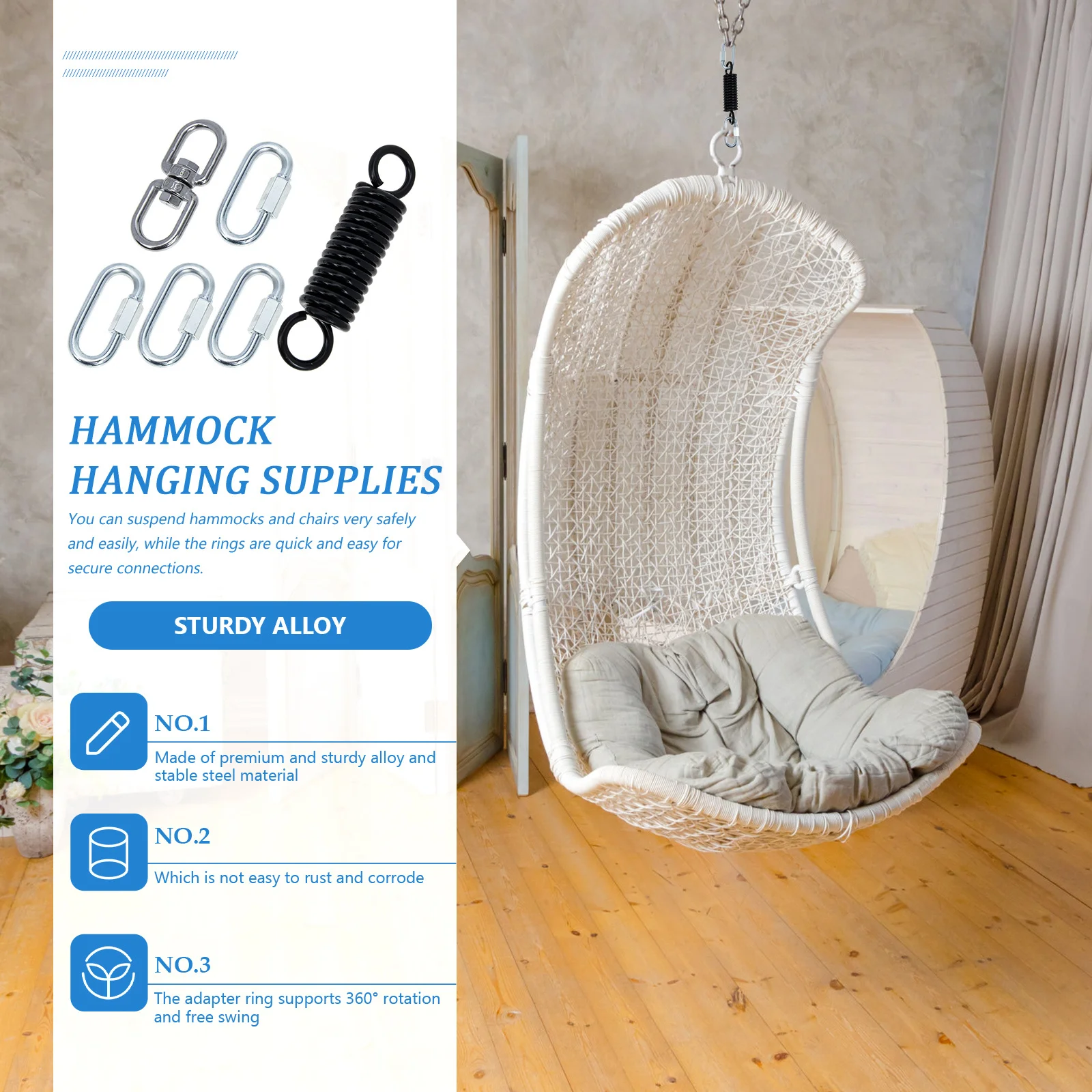 

1 set 1 Set Hammock Spring Kit 360° Rotatable Heavy Duty For Swing Chair Porch Outdoor Hanging Sandbag Fixing Metal Spring