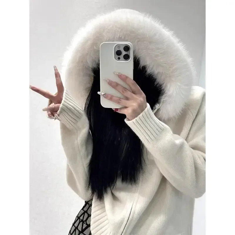 

Style Relaxed Casual and Versatile Cardigan Big Fur Collar Hooded Knitted Sweater Big Fur Collar Coat for Women