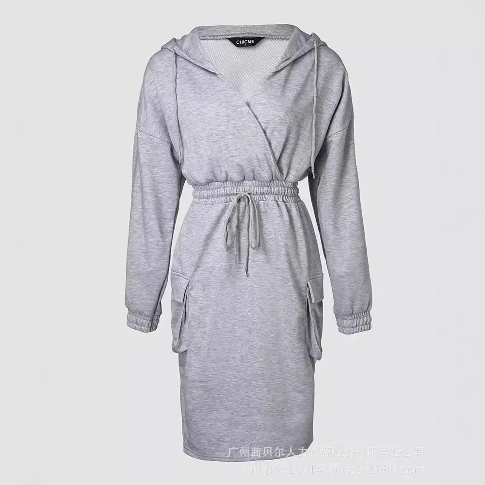 Sweatshirt Dress Women Mid Length Dresses Hoodies Sweatshirts Hooded Drawstring High Waist Pocket Elegant Splice Autumn Vestidos