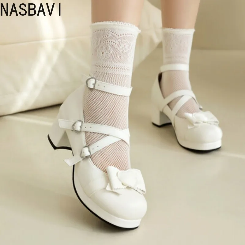 NASBAVI Sweet Cross Buckles Lolita Pumps for Ladies Block High Heels Platform Wedding Party Mary Janes Shoes Women Pink Red