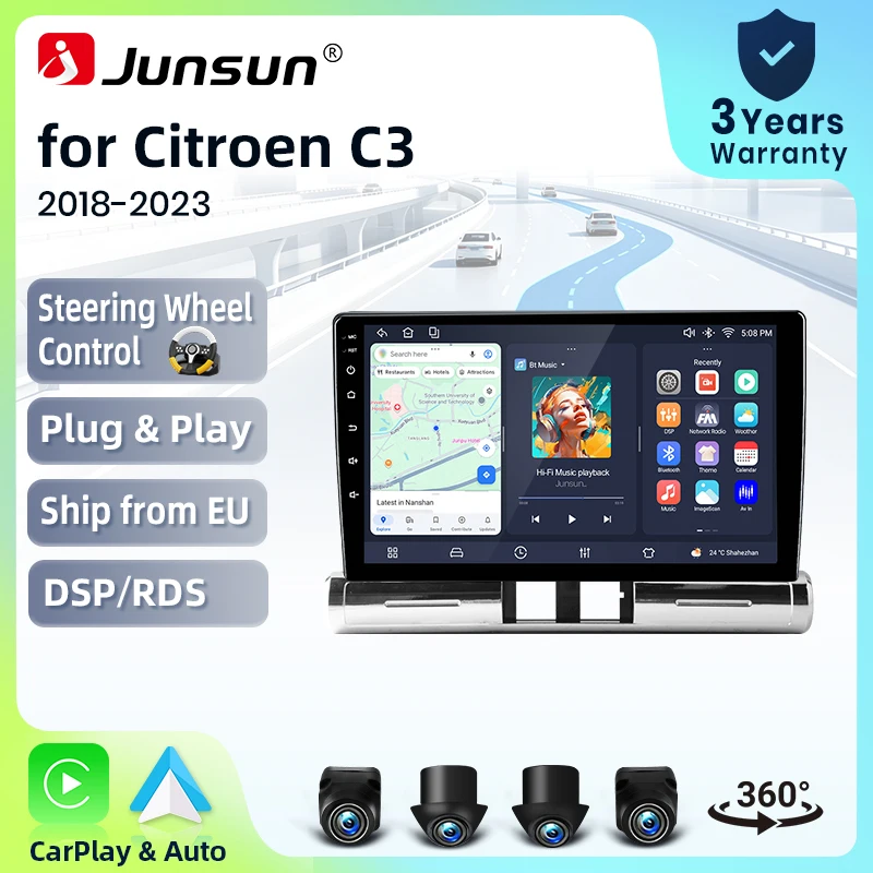 Autoradio Junsun sans fil CarPlay Android Auto pour Citroën C3 Mk3 (SX Facelift) 2016-2023 avec ventilateur de refroidissement intégré, navigation GPS Android, lecteur multimédia, WiFi, DSP, RDS, BT, SWC, écran tactile IPS, autoradio, lecteur vidéo, unité principale, stéréo
