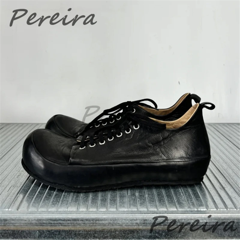 

Trendy Upturned Toe Leather Shoes Versatile Black Thick Soled Lace Up Casual Sneakers Spring Spring Summer New Men's Flat Shoes