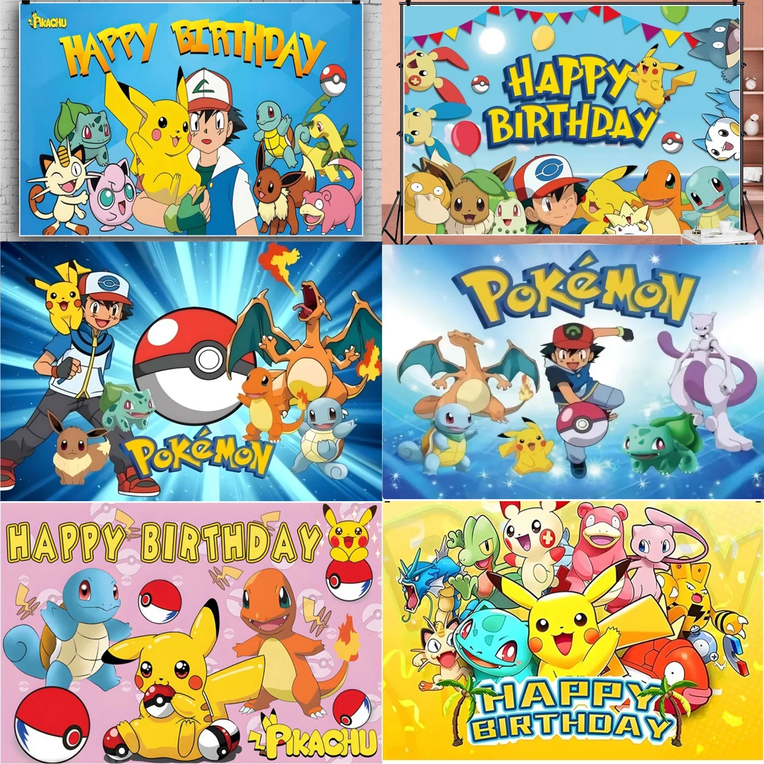 

Personalize Pokemon Background Birthday Pikachu Photography Background Wall Photo Studio Banner Backdrop Poster Photo Studio