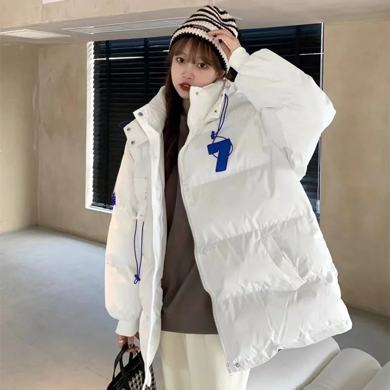 Gidyq Women Padded Warm Coats Winter Fashion Numbers Embroidery Cotton Padded Down Jacket Korean Casual Female Loose Outerwear