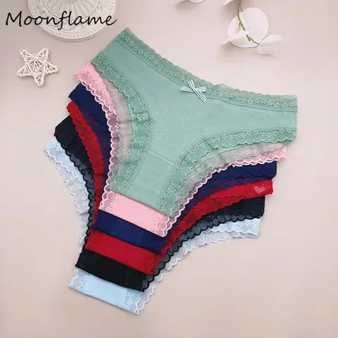 Moonflame 5 PCS Women's Pantie Female Lingerie Solid Color Sexy Lace Cotton Briefs Woman Panties