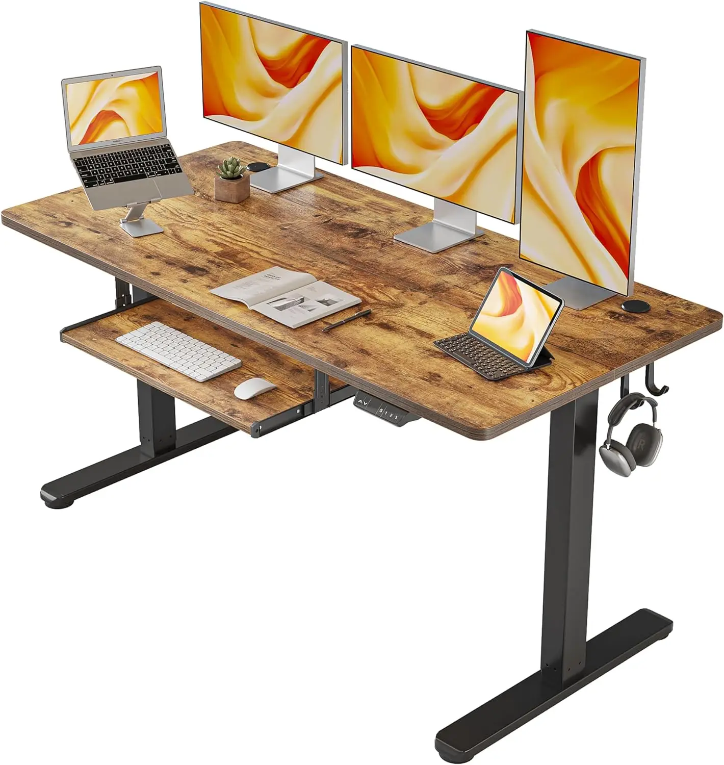 FEZIBO Standing Desk with Keyboard Tray, 63 × 24 Inches Electric Height Adjustable Desk, Sit Stand Up Desk, Computer Office Desk