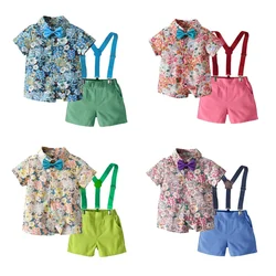 Boy's Summer Suit Printed Flower Short-sleeved Shirt and Strap Shorts with Bow Tie Pure Cotton 2-8 Years-old Boy 70-130cm