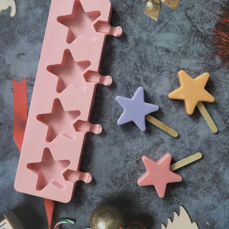 4 Cavities Star Ice Cream Silicone Mold DIY Cartoon Chocolate Jelly Biscuit Baking Mould Cake Decor Soap Candle Making Set Gifts