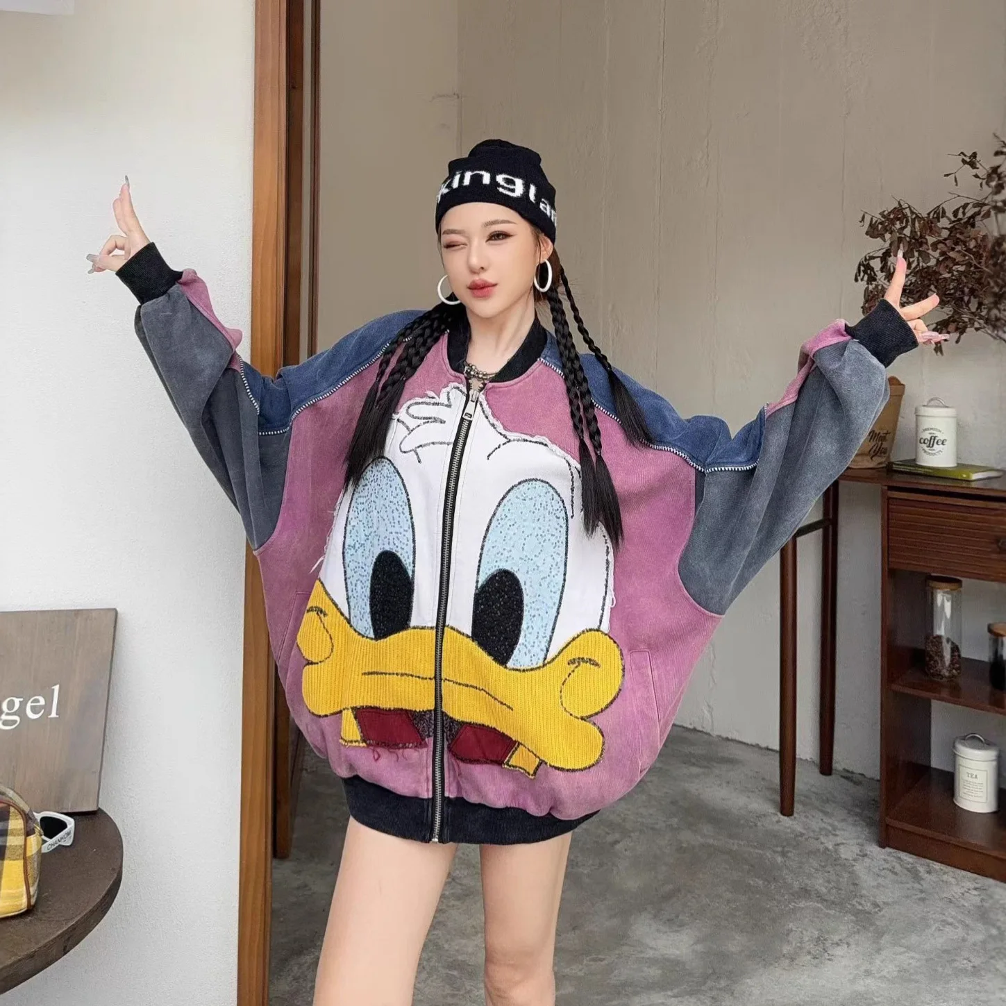 

Heavy industry appliqué embroidery Donald Duck cartoon baseball jacket cardigan coat for women, autumn trendy brand jacket