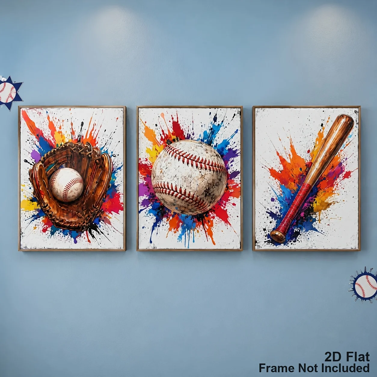 （NoFrame 3PCS)-2D Flat, 3pcs Baseball-Themed Boys Room Wall Decor Posters - Vertical Graffiti Paint Splatter Suitable for Tee