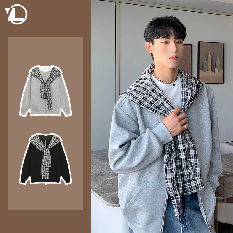 

Fake Two Piece Sweatshirt Mens Japanese Patchwork Plaid Hooded Jacket Color Block Casual Zipper Hoodie No Hat Shawl Streetwear